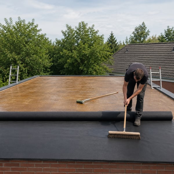 Anstreichen der EPDM-Bahn mit dem weichen Besen von der Mitte nach außen