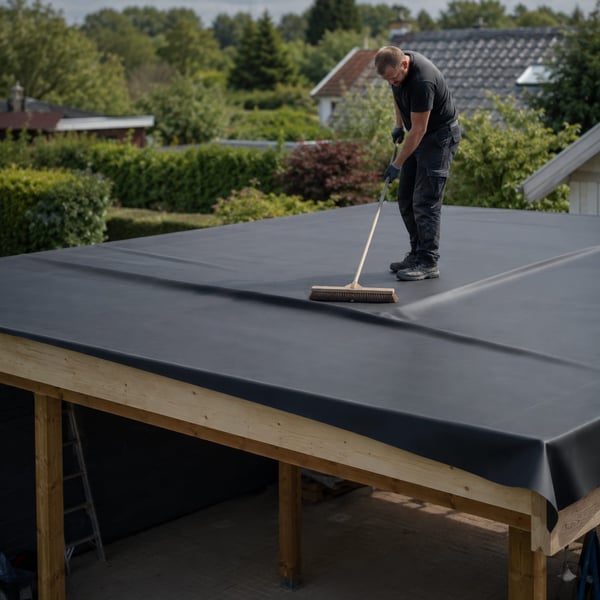 Zwei Handwerker rollen eine EPDM-Dachbahn auf der Dachfläche aus
