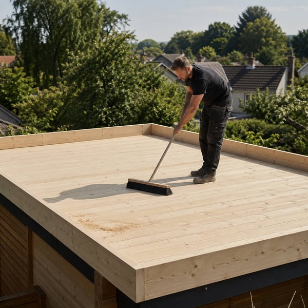 Holzschalung eines Flachdachs mit umlaufender Keilbohle vor dem Verlegen der EPDM-Bahn