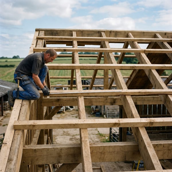 Pfettenkonstruktion aus Holz vor der Montage von Faserzement-Wellplatten