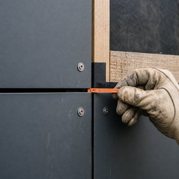 Gleichmäßige Stoßfuge zwischen zwei HPL-Platten mit hinterlegtem Fugenband