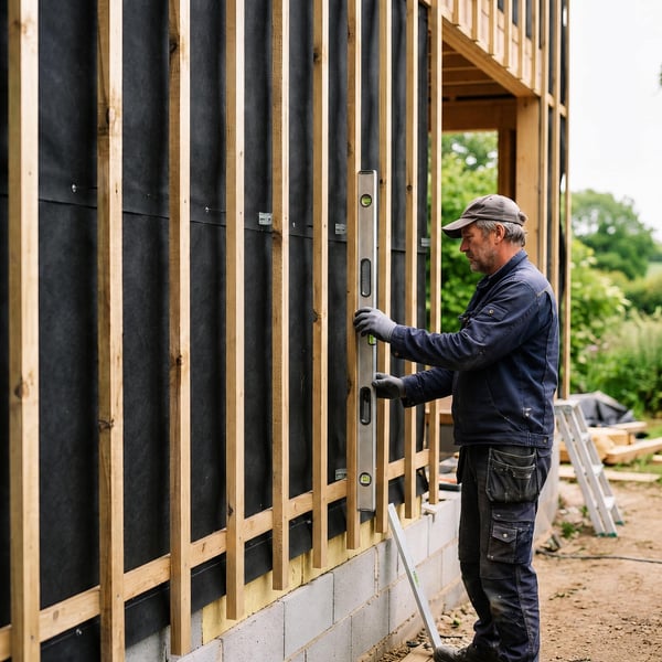 Hinterlüftete Unterkonstruktion aus vertikalen Traglatten vor der HPL-Montage