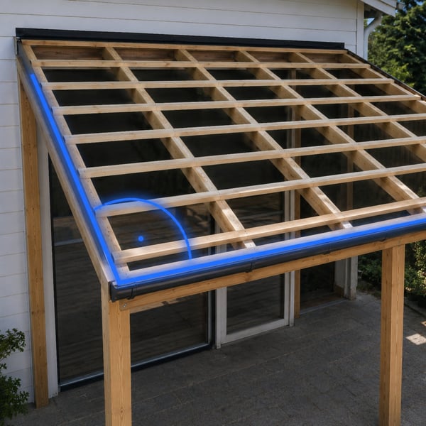 Unterkonstruktion eines Terrassendachs mit blau markierter Traufe und Ortgang im rechten Winkel zueinander
