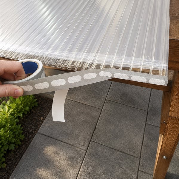 Stirnseite einer Stegplatte wird mit Alu-Klebeband und Abschlussprofil verschlossen
