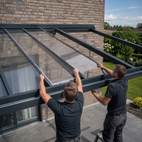 Dachplatte wird zwischen die Sparren einer Terrassenüberdachung eingelegt und läuft in die Rinne