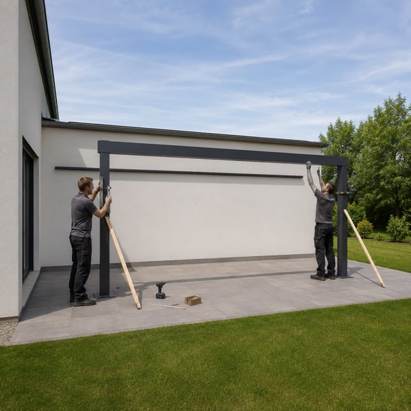 Aufgestellter Aluminium-Ständer mit Fußplatte trägt die Rinne der Terrassenüberdachung