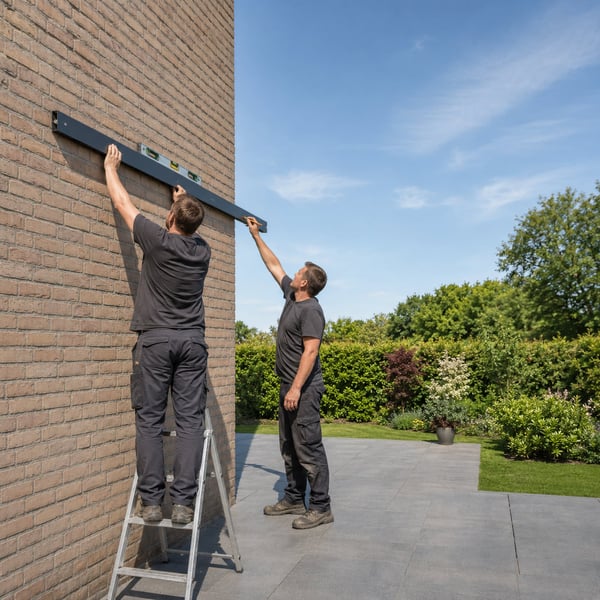 Zwei Handwerker befestigen das Wandprofil einer Terrassenüberdachung in Arbeitshöhe an der Hauswand