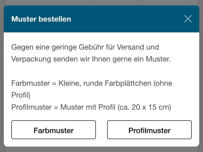 Auswahlfenster „Muster bestellen“ mit den Buttons Farbmuster und Profilmuster