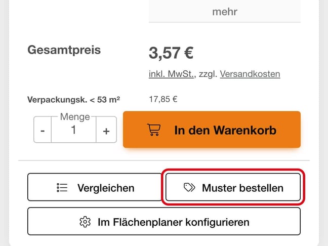 Button „Muster bestellen“ im Kaufbereich einer Artikelseite im DWZ Shop