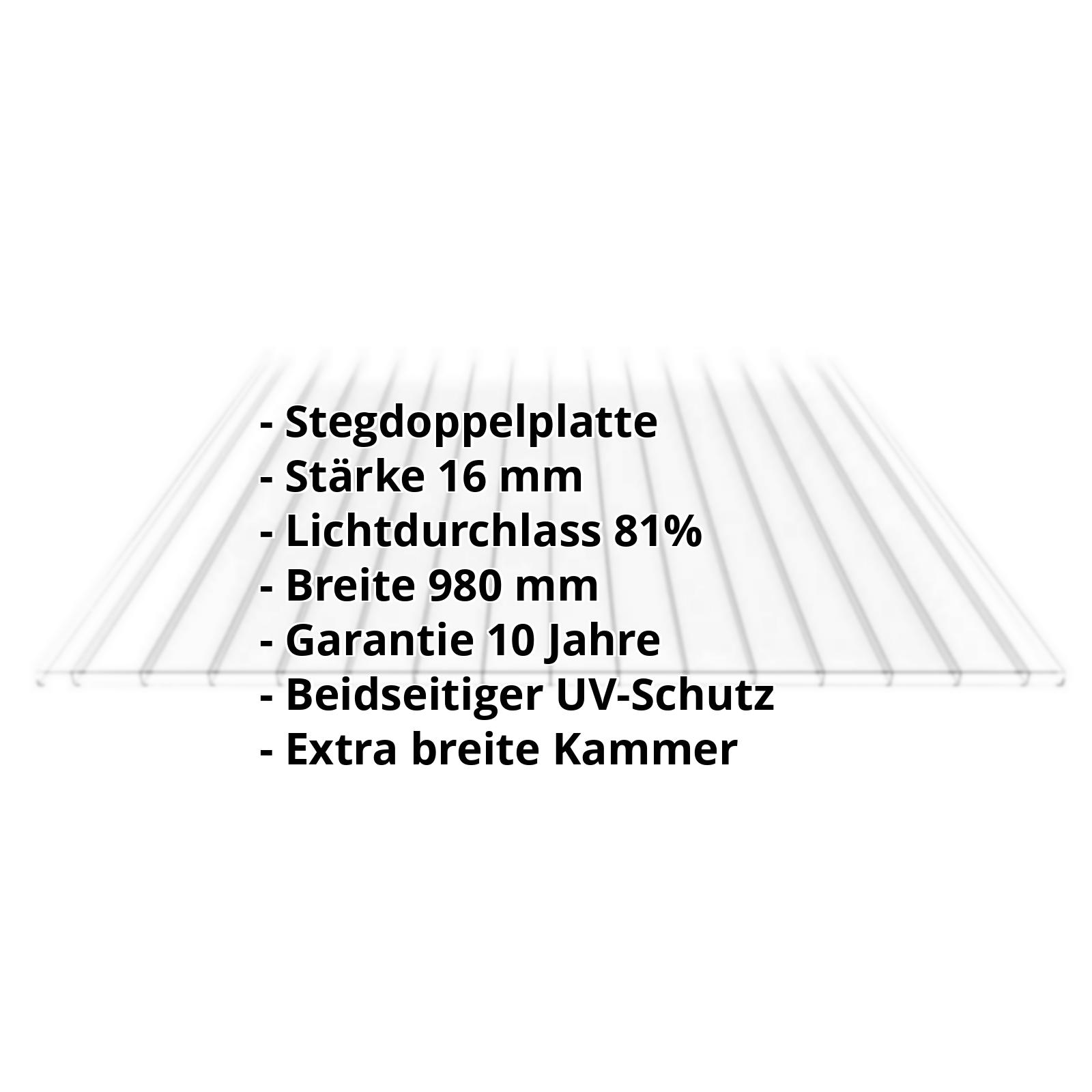 Polycarbonat Doppelstegplatte | 16 mm | Breite 980 mm | Klar | Beidseitiger UV-Schutz | Breitkammer | 500 mm #2
