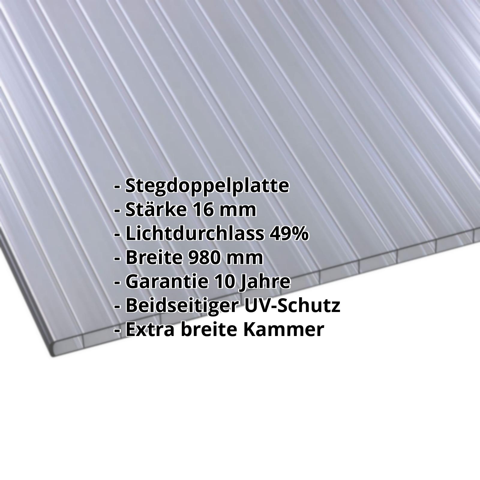 Polycarbonat Stegplatte | 16 mm | Breite 980 mm | Graphit | Beidseitiger UV-Schutz | Breitkammer | 2000 mm #2
