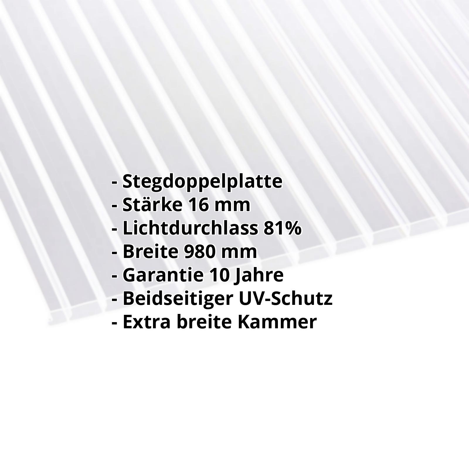 Polycarbonat Stegplatte | 16 mm | Breite 980 mm | Klar | Beidseitiger UV-Schutz | Breitkammer | 2000 mm #2