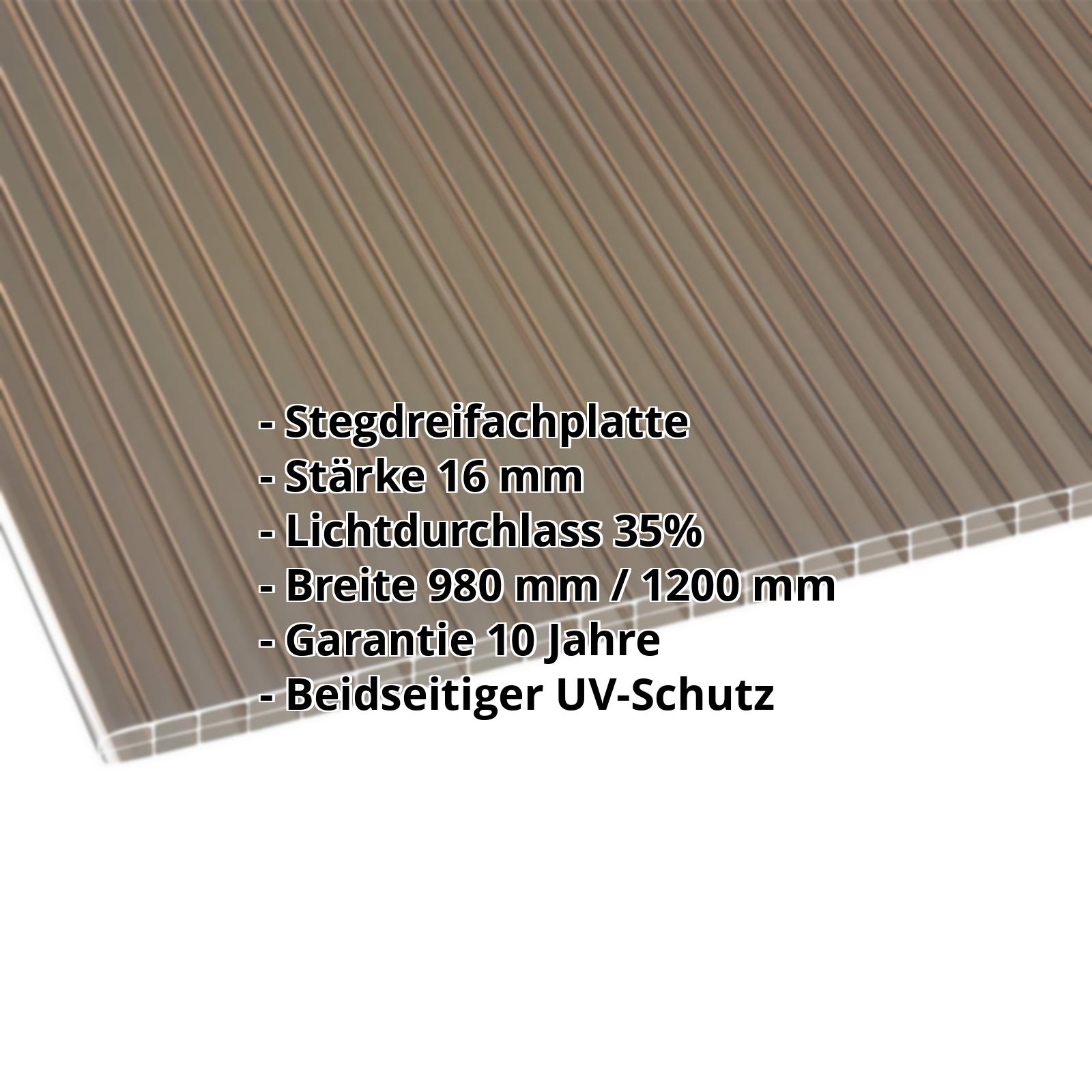 Polycarbonat Stegplatte | 16 mm | Breite 1200 mm | Bronze | Beidseitiger UV-Schutz | 2000 mm #2