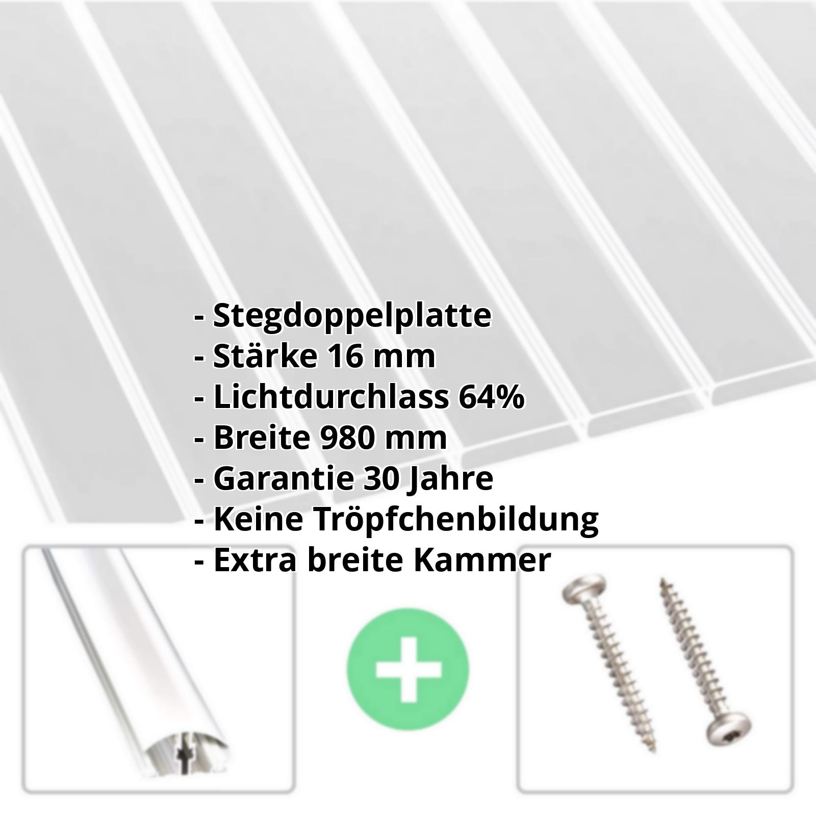 Acrylglas Stegplatte | 16 mm | Profil A4 | Sparpaket | Plattenbreite 980 mm | Klar | Breitkammer | Breite 3,09 m | Länge 2,00 m #2