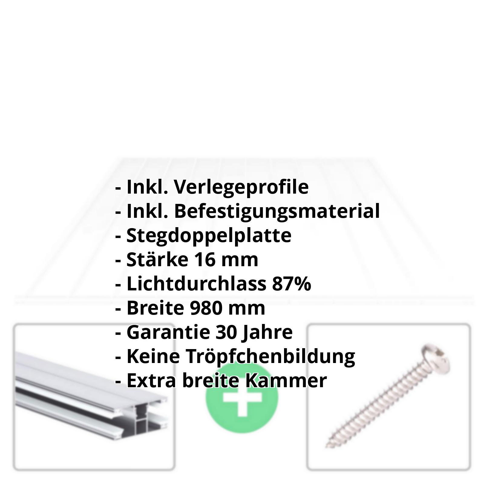 Acrylglas Stegplatte | 16 mm | Profil DUO | Sparpaket | Plattenbreite 980 mm | Klar | Breitkammer | Breite 3,09 m | Länge 2,00 m #2