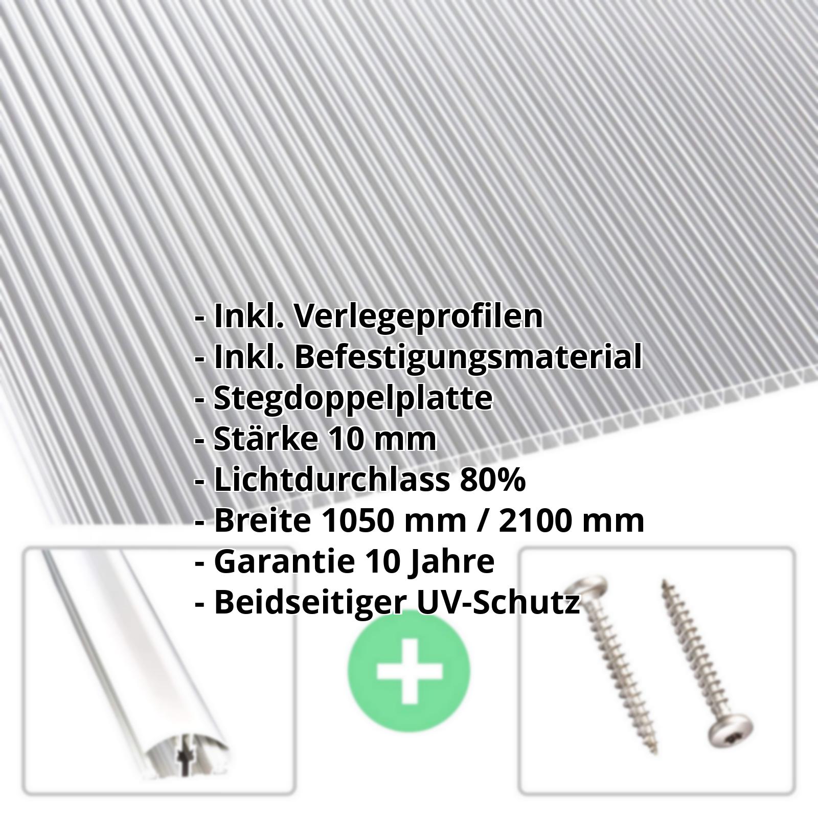 Polycarbonat Stegplatte | 10 mm | Profil A4 | Sparpaket | Plattenbreite 2100 mm | Klar | Beids. UV-Schutz | Breite 6,45 m | Länge 2,00 m #2