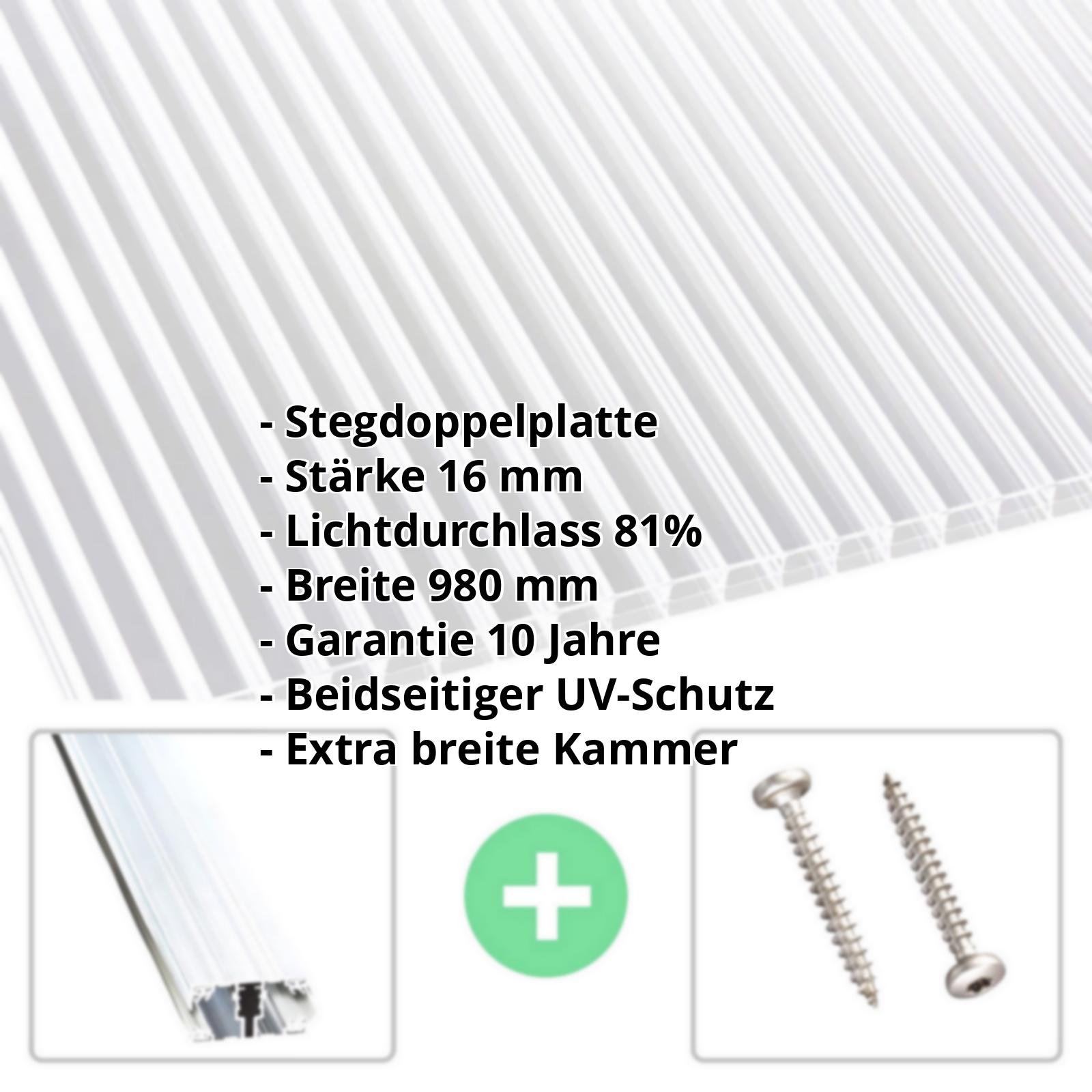 Polycarbonat Stegplatte | 16 mm | Profil A1 | Sparpaket | Plattenbreite 980 mm | Klar | Breitkammer | Breite 3,08 m | Länge 2,00 m #2