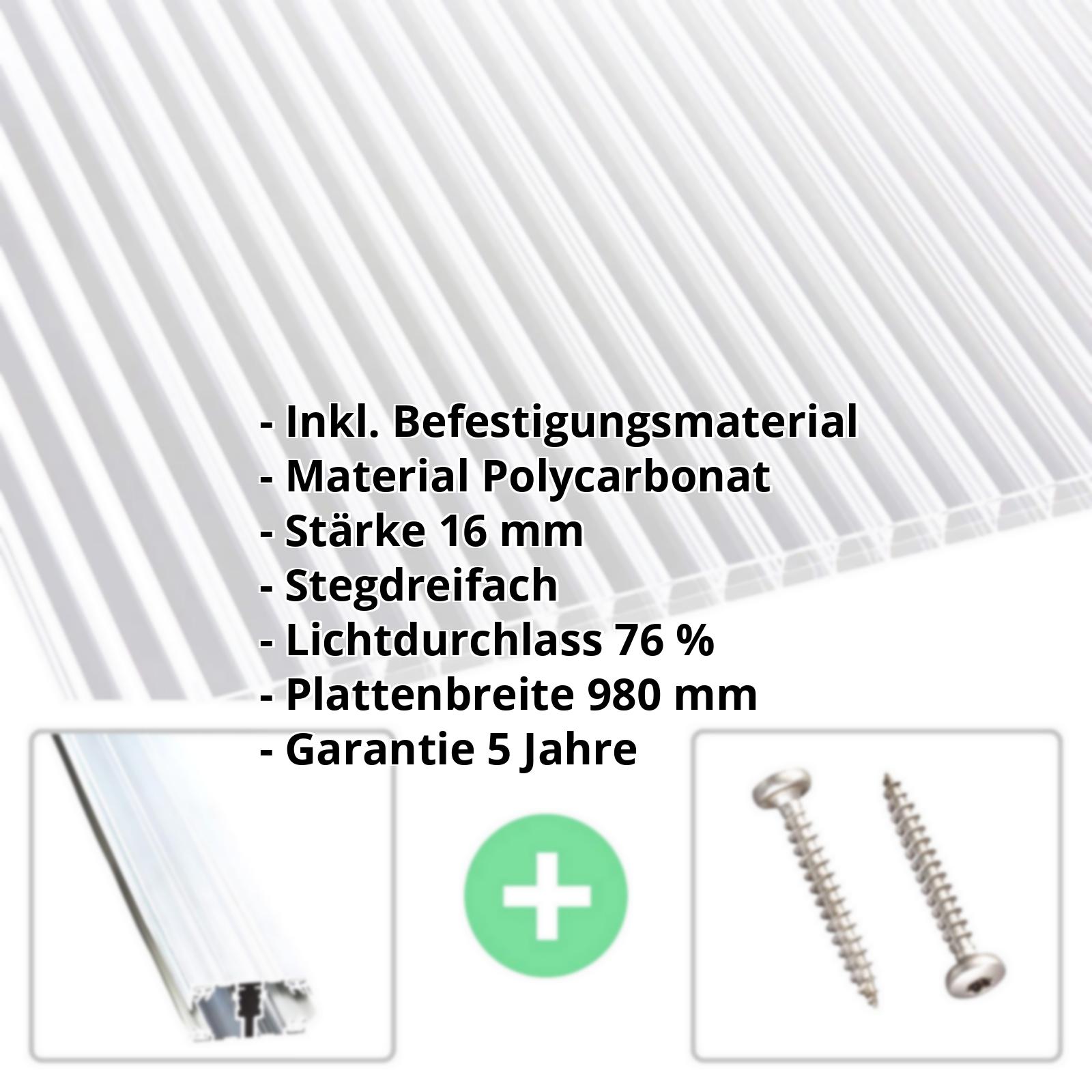 Polycarbonat Stegplatte | 16 mm | Profil A1 | Sparpaket | Plattenbreite 980 mm | Klar | Blueline | Breite 3,08 m | Länge 2,00 m #2