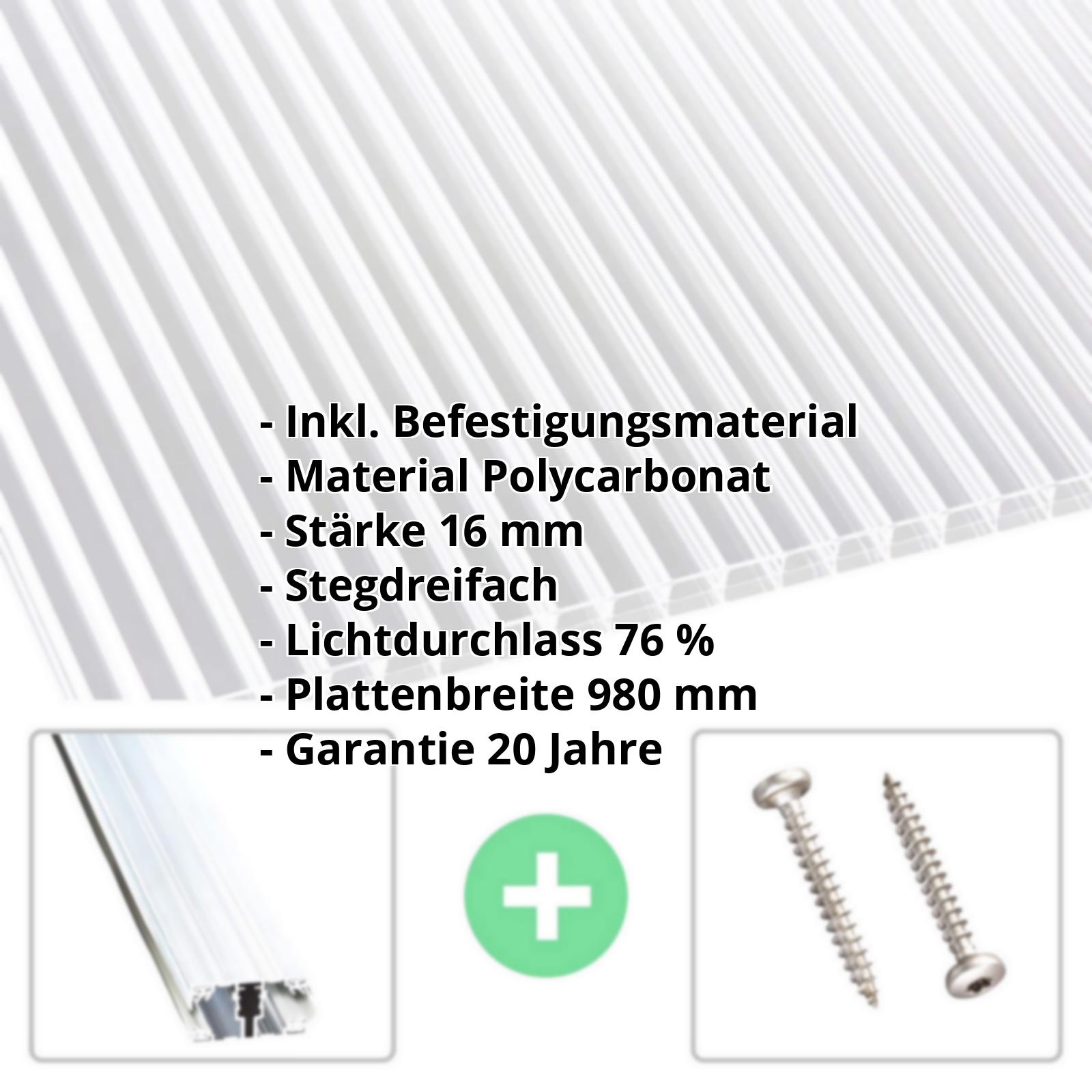 Polycarbonat Stegplatte | 16 mm | Profil A1 | Sparpaket | Plattenbreite 980 mm | Klar | Beidseit. UV-Schutz | Breite 3,08 m | Länge 2,0 #2