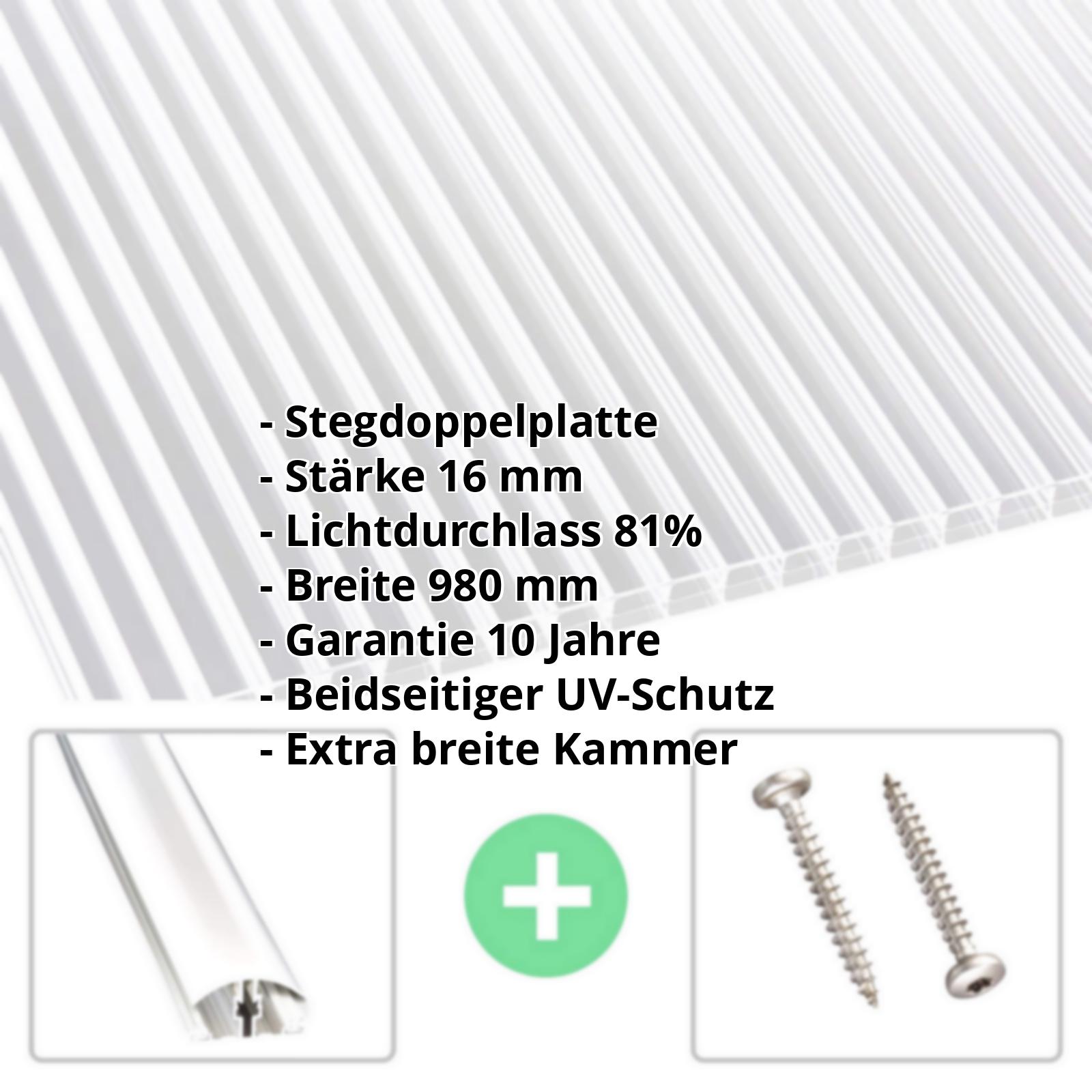 Polycarbonat Stegplatte | 16 mm | Profil A4 | Sparpaket | Plattenbreite 980 mm | Klar | Breitkammer | Breite 3,09 m | Länge 2,00 m #2