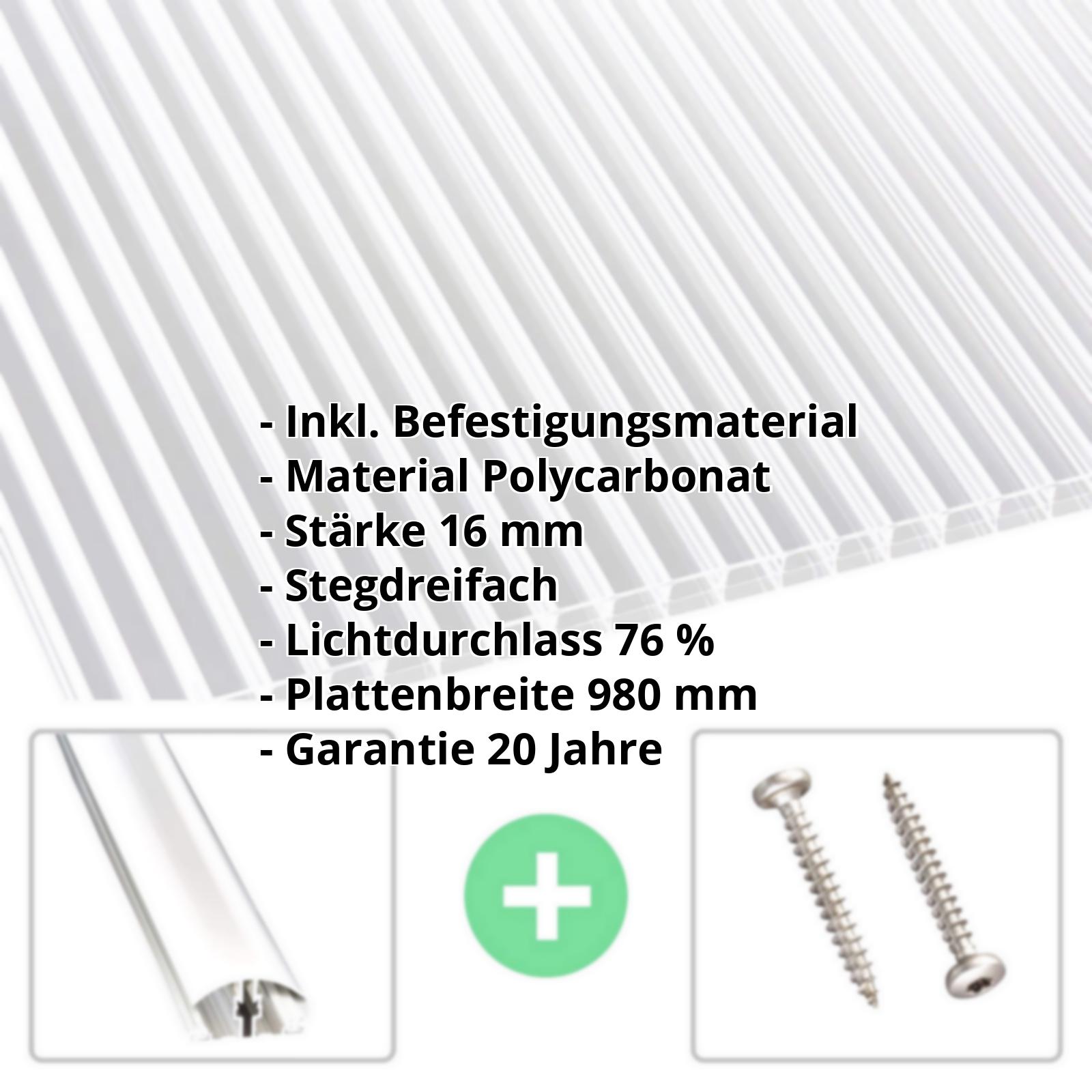 Polycarbonat Stegplatte | 16 mm | Profil A4 | Sparpaket | Plattenbreite 980 mm | Klar | Beidseit. UV-Schutz | Breite 3,08 m | Länge 2,00 m #2