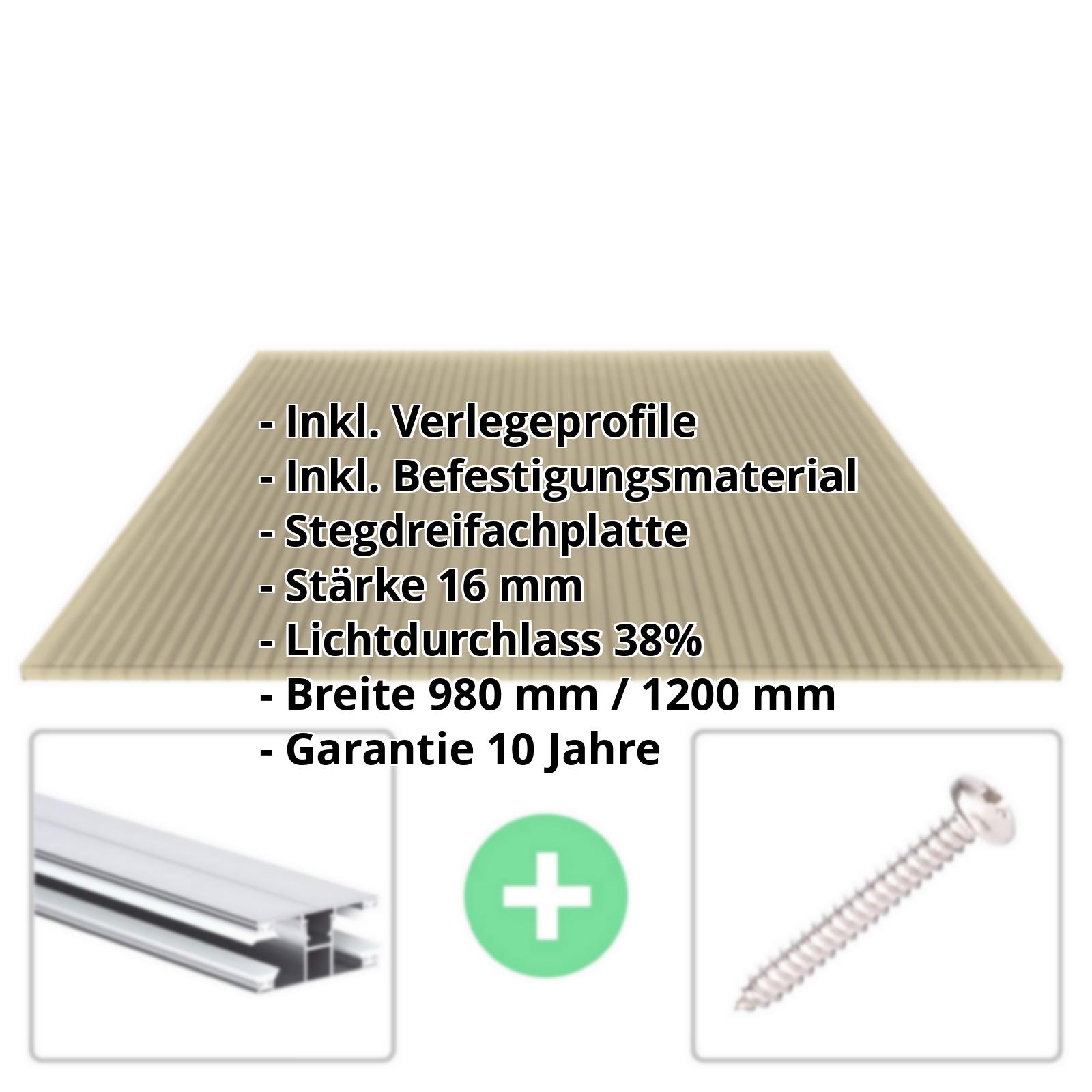 Polycarbonat Stegplatte | 16 mm | Profil DUO | Sparpaket | Plattenbreite 980 mm | Bronze | Breite 3,09 m | Länge 2,00 m #2