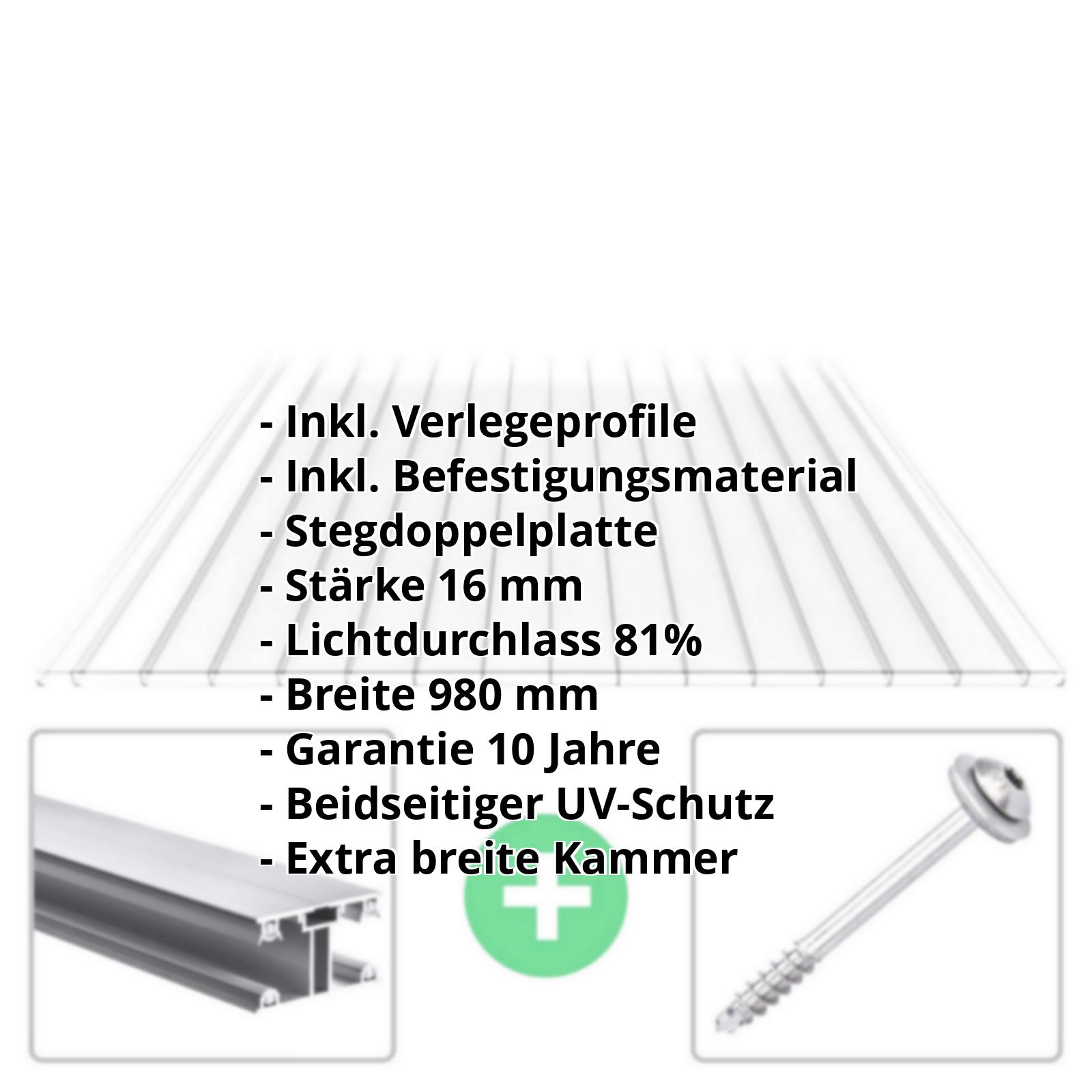 Polycarbonat Stegplatte | 16 mm | Profil ECO | Sparpaket | Plattenbreite 980 mm | Klar | Breitkammer | Breite 3,05 m | Länge 2,00 m #2