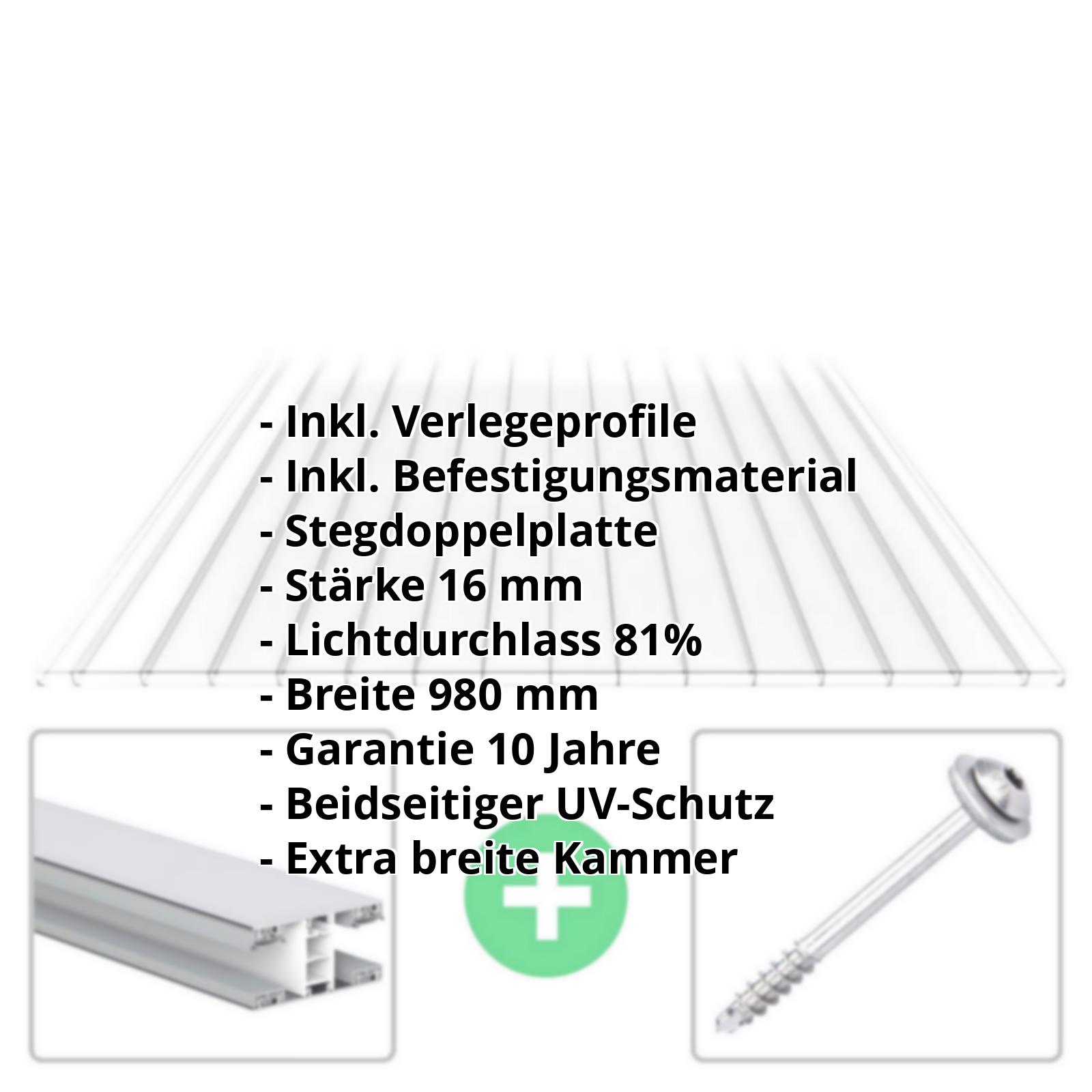 Polycarbonat Stegplatte | 16 mm | Profil Mendiger | Sparpaket | Plattenbreite 980 mm | Klar | Breitkammer | Breite 3,09 m | Länge 2,00 m #2