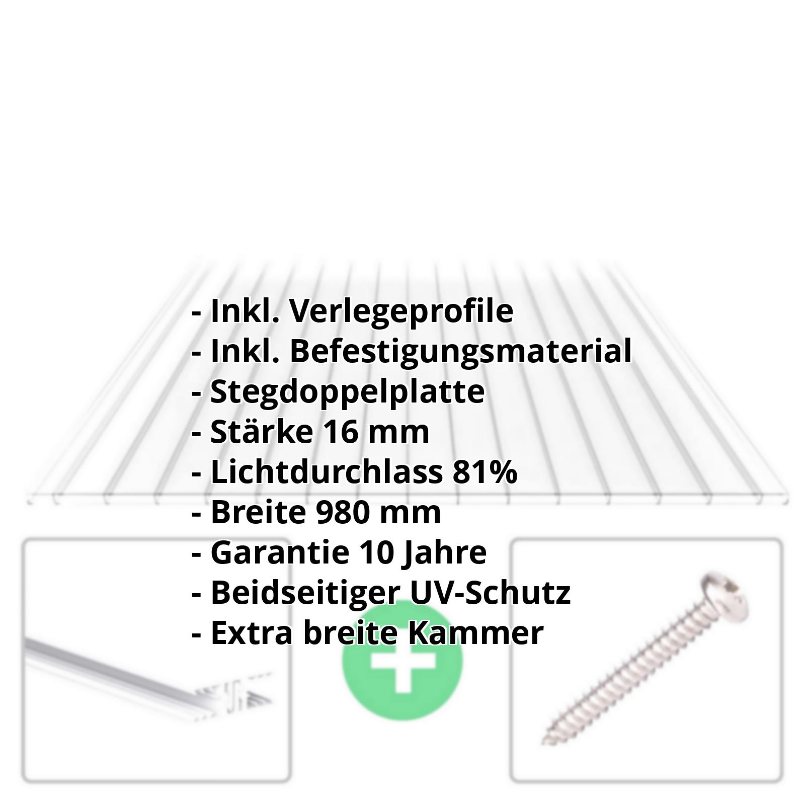 Polycarbonat Stegplatte | 16 mm | Profil Zevener Sprosse | Sparpaket | Plattenbreite 980 mm | Klar | Breitkammer | Breite 3,13 m | Länge 2,00 m #2