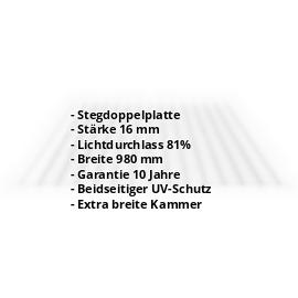 Polycarbonat Doppelstegplatte | 16 mm | Breite 980 mm | Klar | Beidseitiger UV-Schutz | Breitkammer | 500 mm #2