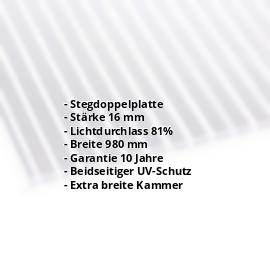 Polycarbonat Stegplatte | 16 mm | Breite 980 mm | Klar | Beidseitiger UV-Schutz | Breitkammer | 2000 mm #2