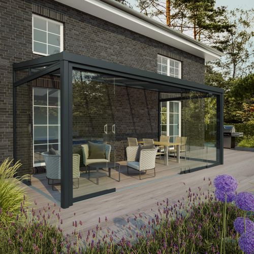 Glasschiebetüren | Vorderseite | RAL 7016 | Breite 3,00 m | Glasscheiben 3 | Glasbreite 98 cm