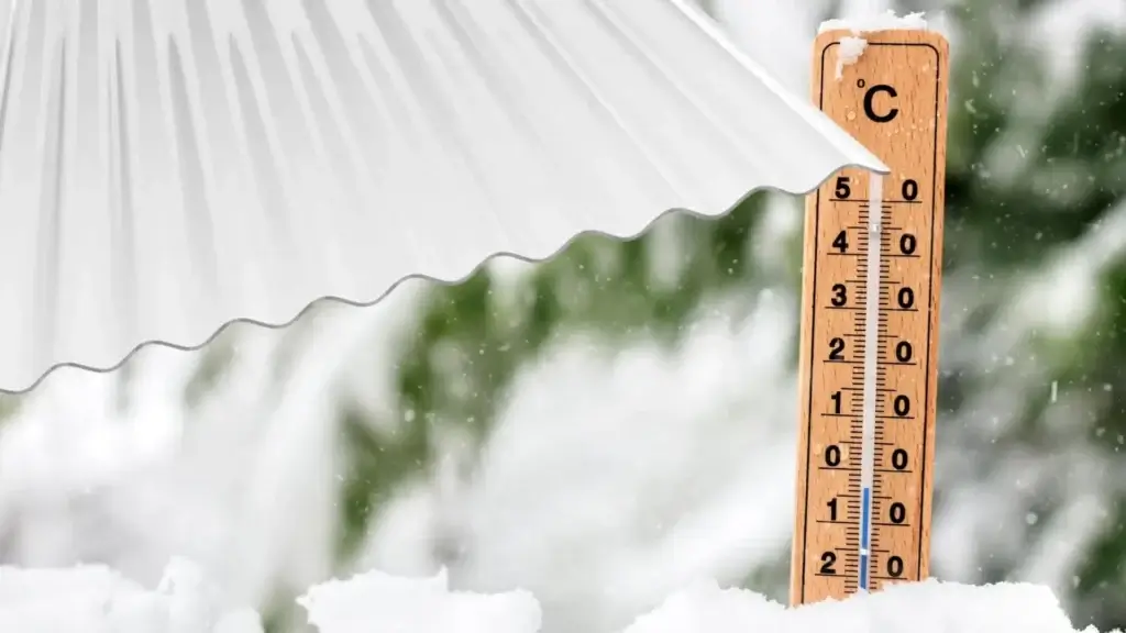 Thermometer zeigt Kälte neben Lichtplatten auf verschneitem Dach, Wintertemperaturen