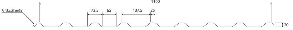 Detailzeichnung eines Trapezblechs mit Maßangaben und Antikapillarrille zur Wasserführung