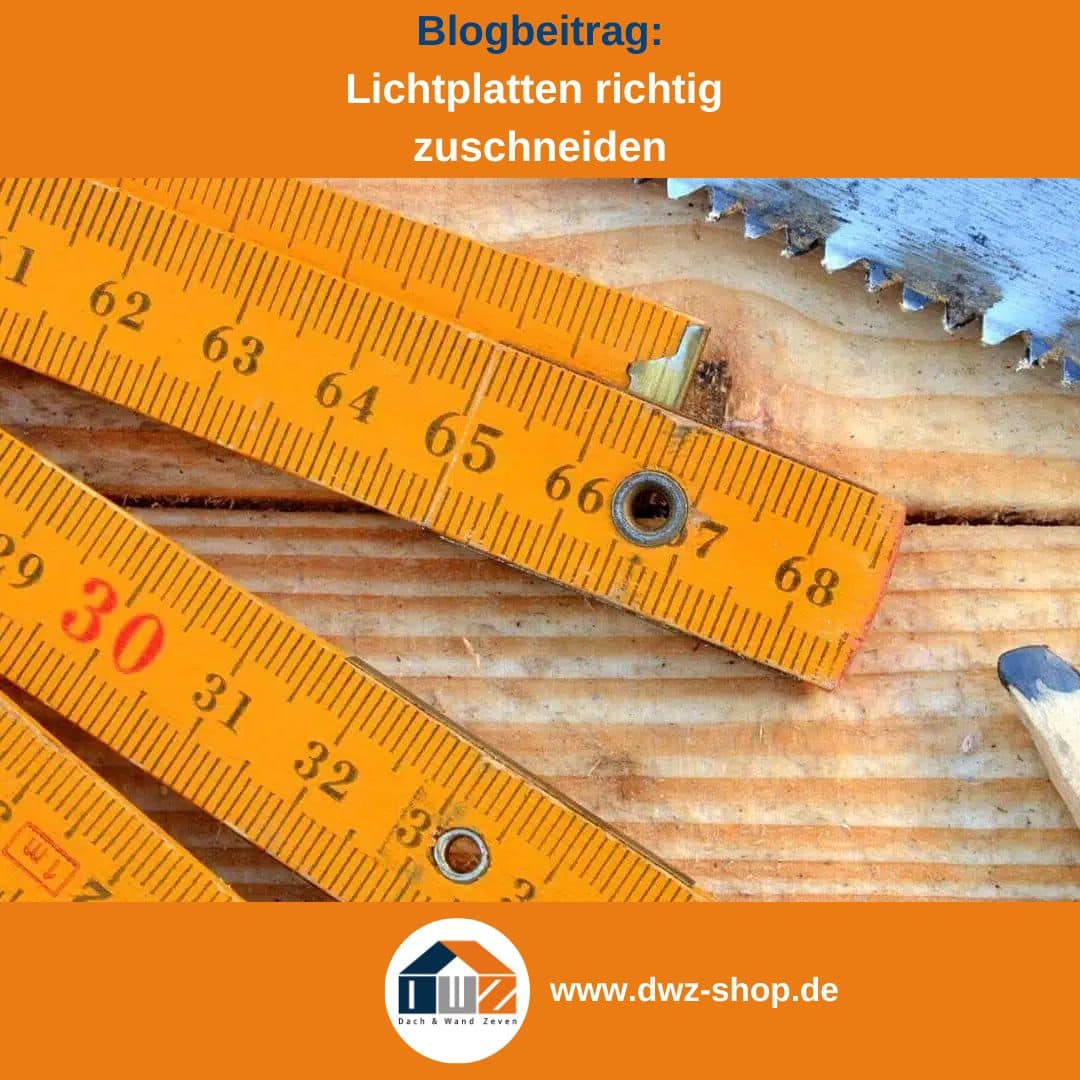Titelgrafik eines Blogbeitrags mit dem Thema ‚Zuschneiden von Lichtplatten' – gezeigt wird ein gefächerter Zollstock, dazu das Logo und die Webadresse von DWZ-Shop.de.