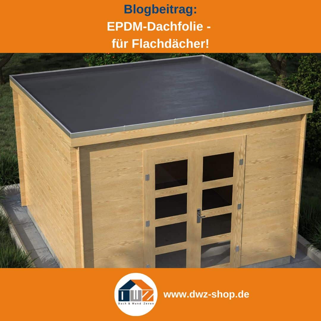Titelgrafik eines Blogbeitrags mit dem Thema ‚EPDM Folie auf Flachdächern' – gezeigt wird ein Gartenschuppen mit schwarzer EPDM - Folie, dazu das Logo und die Webadresse von DWZ-Shop.de.