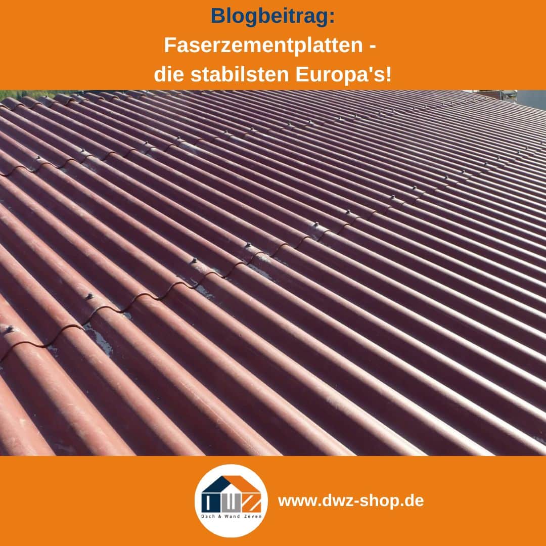 Titelgrafik eines Blogbeitrags mit dem Thema ‚Faserzementplatten' – gezeigt wird eine Dacheindeckung mit roten Faserzementplatten, dazu das Logo und die Webadresse von DWZ-Shop.de.