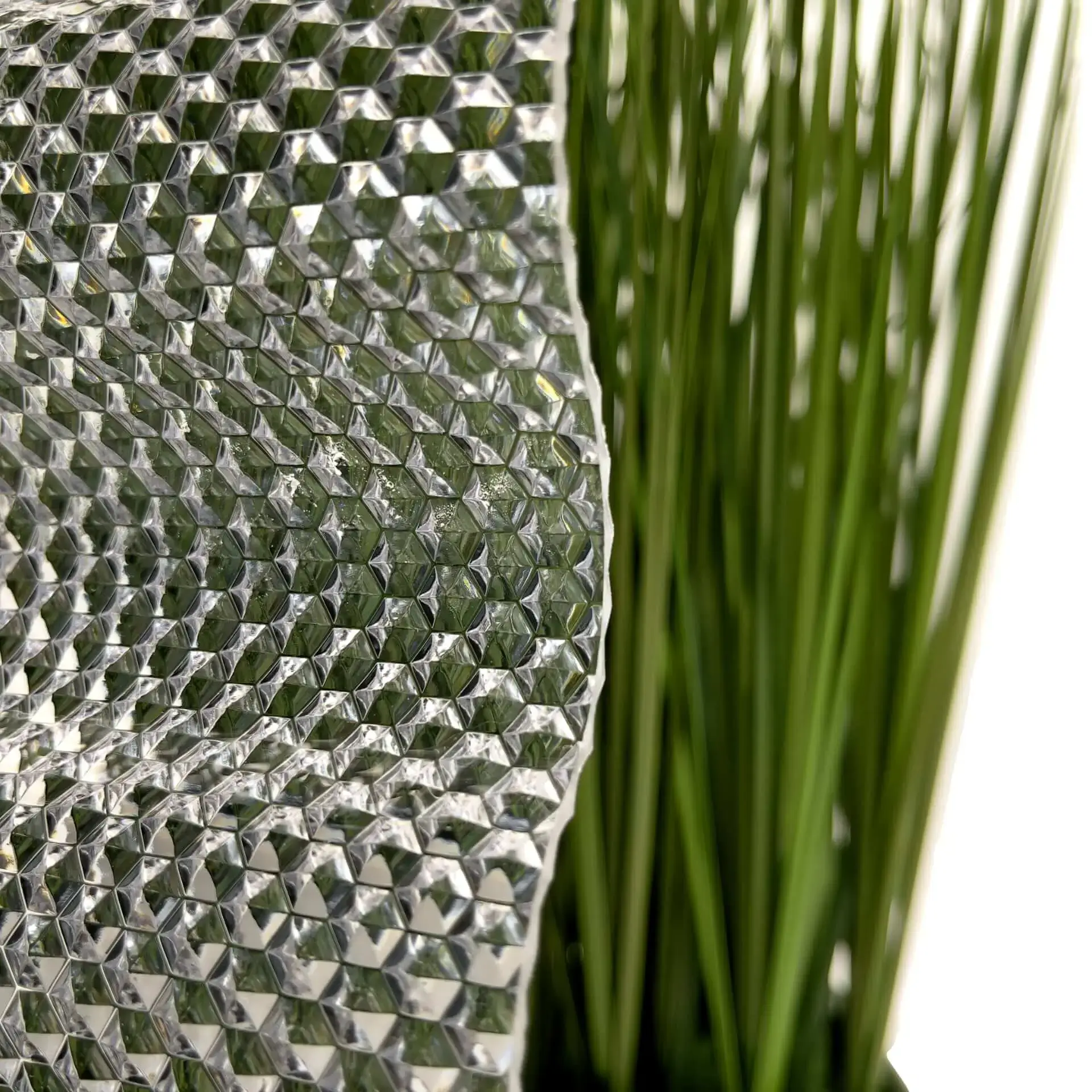 Detailaufnahme von Lichtplatten mit Wabenstruktur neben grünen Pflanzenblättern.