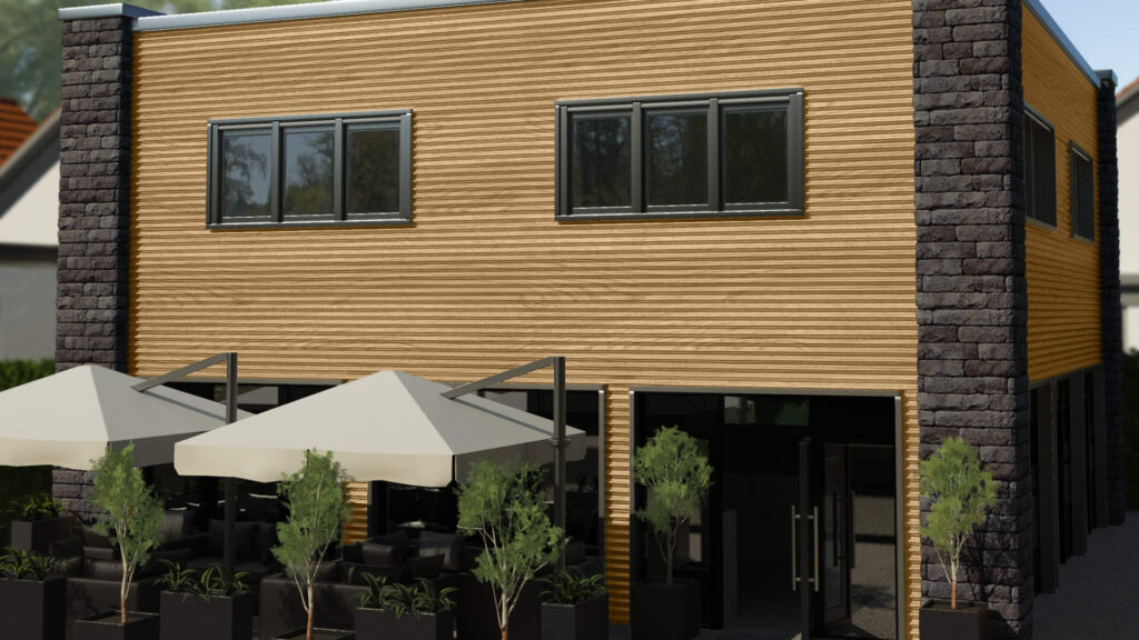 Modernes Gebäude mit Wellblech-Fassade in Holzoptik, umgeben von Terrasse und Pflanzen