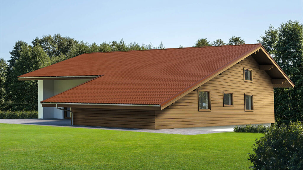 Einfamilienhaus mit Dacheindeckung aus roten Pfannenblechen und Holzfassade