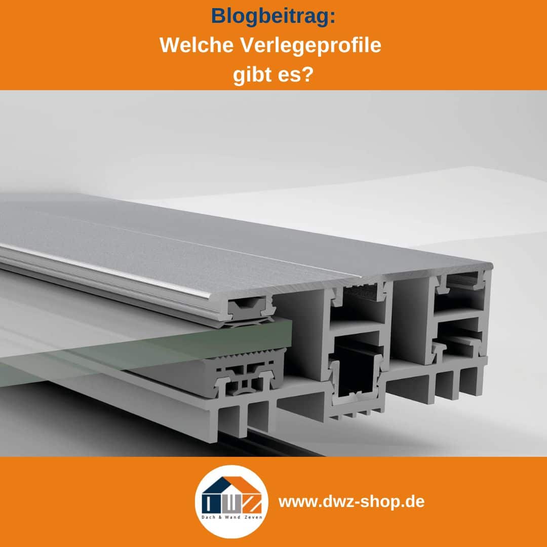 Titelgrafik eines Blogbeitrags mit dem Thema' Verschiedene Verlegeprofile' – gezeigt wird ein graues Randprofil mit einer Massivplatte, dazu das Logo und die Webadresse von DWZ-Shop.de.