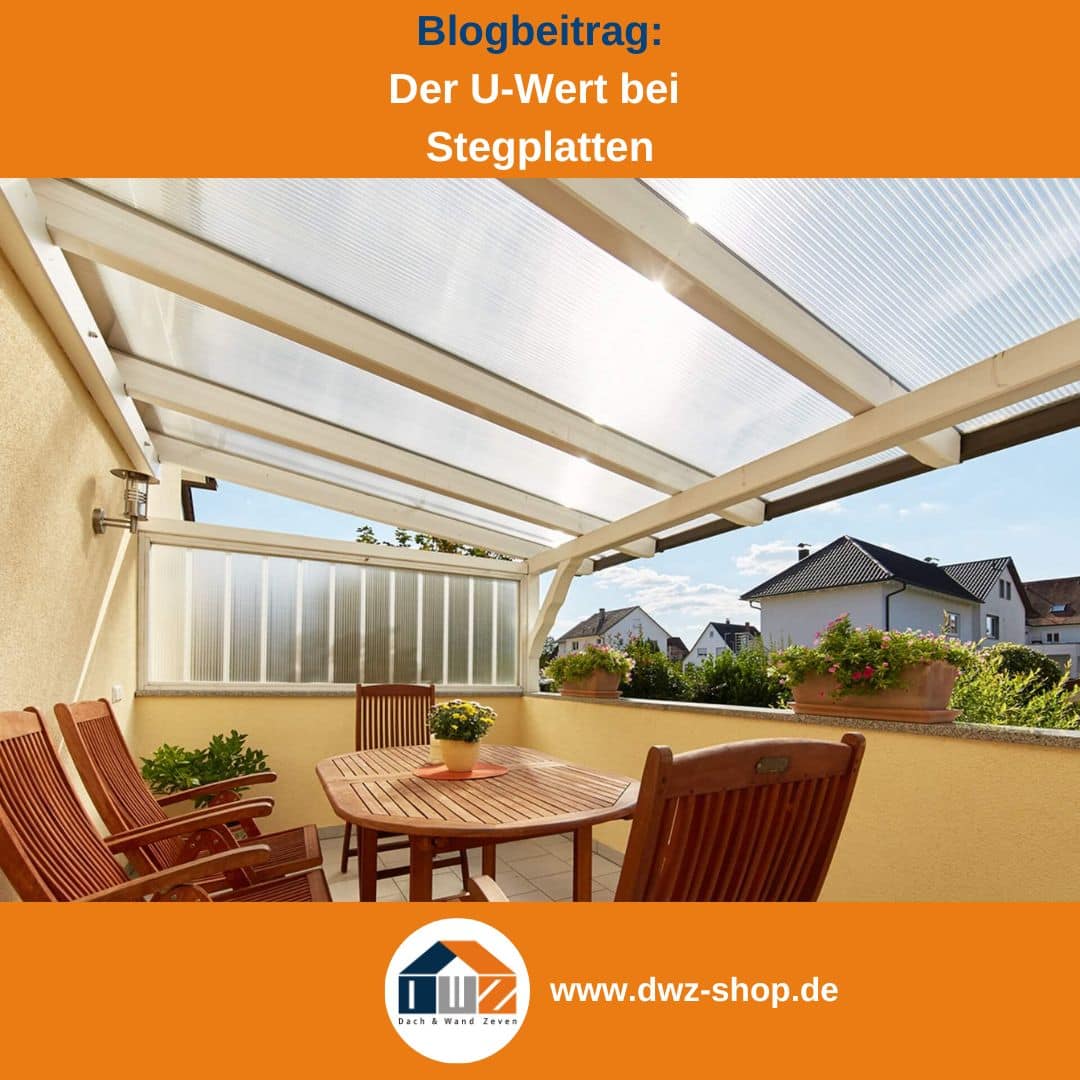 Titelgrafik eines Blogbeitrags mit dem Thema 'U-Wert bei Stegplatten' – gezeigt wird ein heller Balkon mit Stegplattenabdeckung, dazu das Logo und die Webadresse von DWZ-Shop.de.