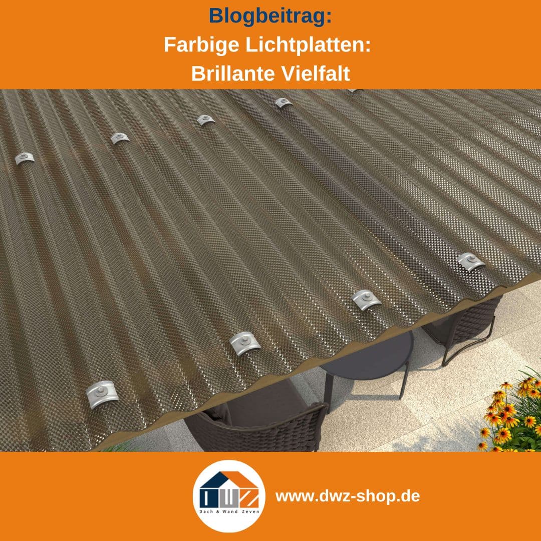 Titelgrafik eines Blogbeitrags mit dem Thema 'Farbige Lichtplatten' – gezeigt wird eine bronzefarbene Wellplatte, dazu das Logo und die Webadresse von DWZ-Shop.de.