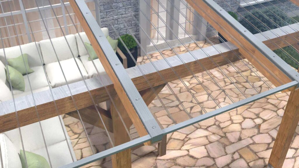 Überdachung mit Stegplatten über einer gemütlichen Terrassensitzgruppe, lichtdurchlässig und wetterfest.