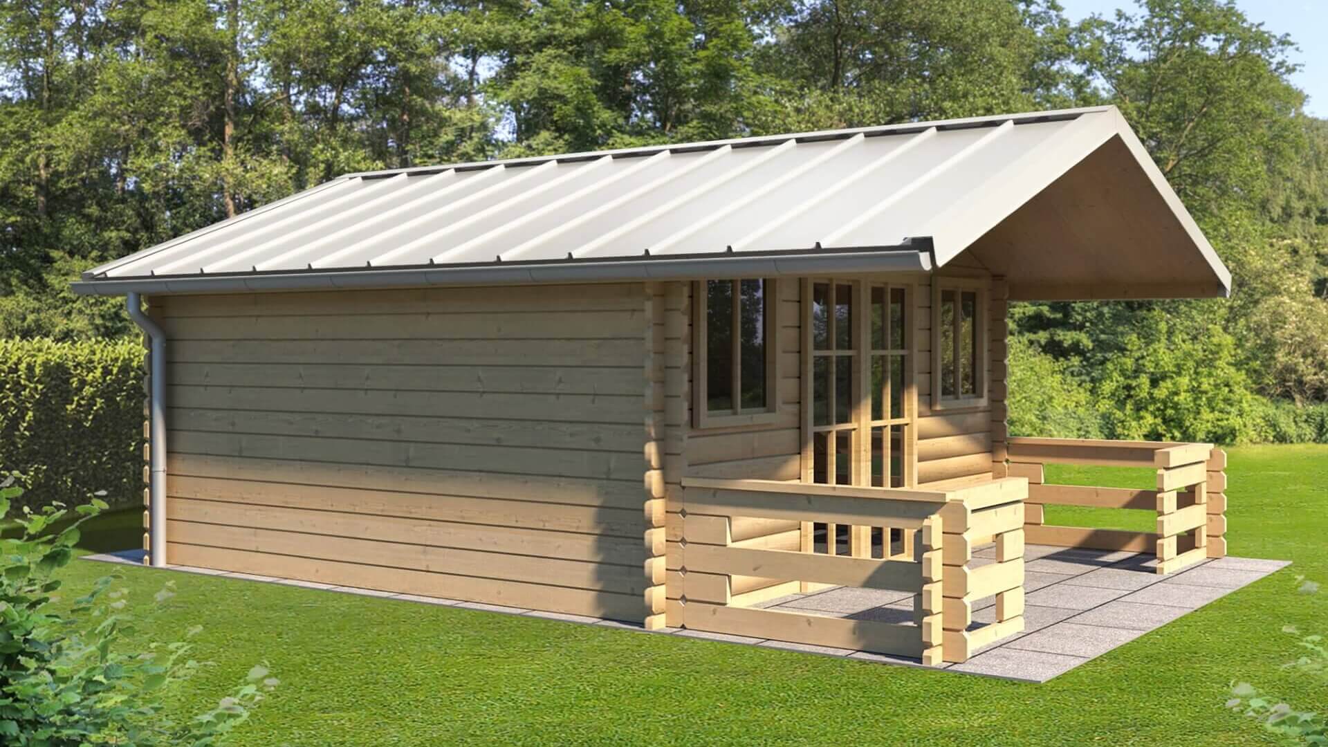 Das Bild zeigt eine Holzhütte mit einem modernen Stehfalzdach aus Metall, wahrscheinlich aus Aluminium. Das Dach wirkt hochwertig und passt ideal zur natürlichen Umgebung.