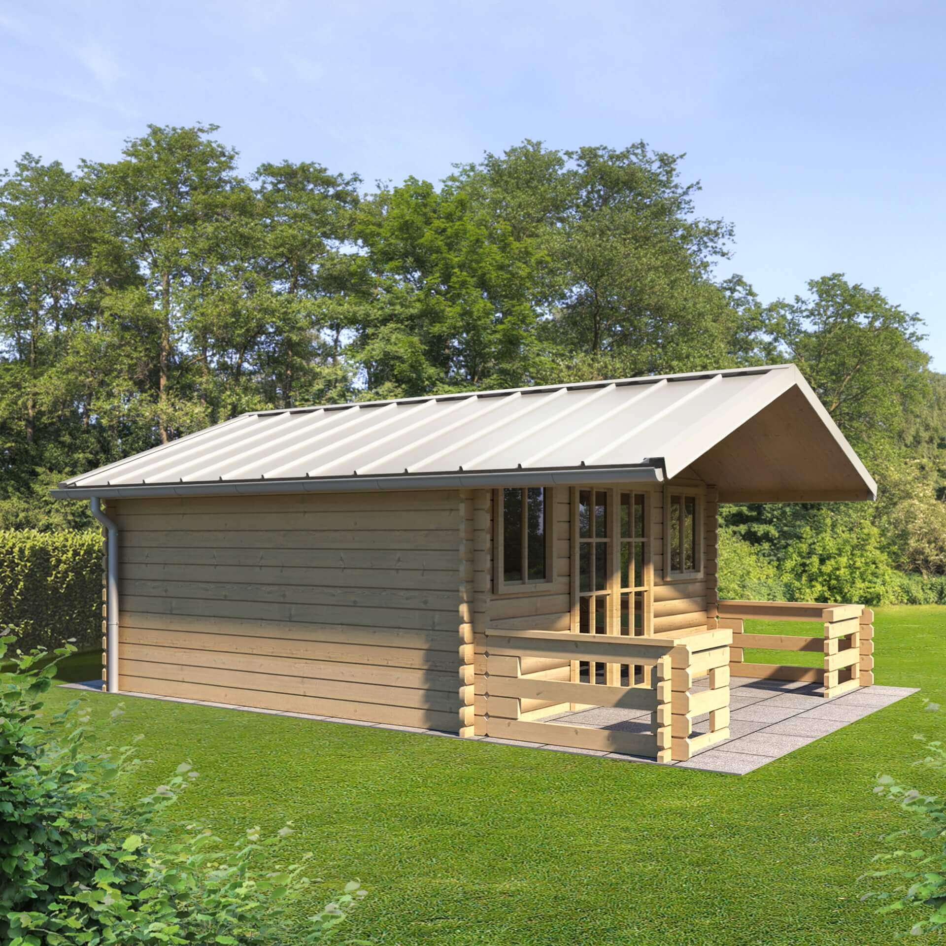 Das Bild zeigt eine Holzhütte mit einem modernen Stehfalzdach aus Metall, wahrscheinlich aus Aluminium. Das Dach wirkt hochwertig und passt ideal zur natürlichen Umgebung.