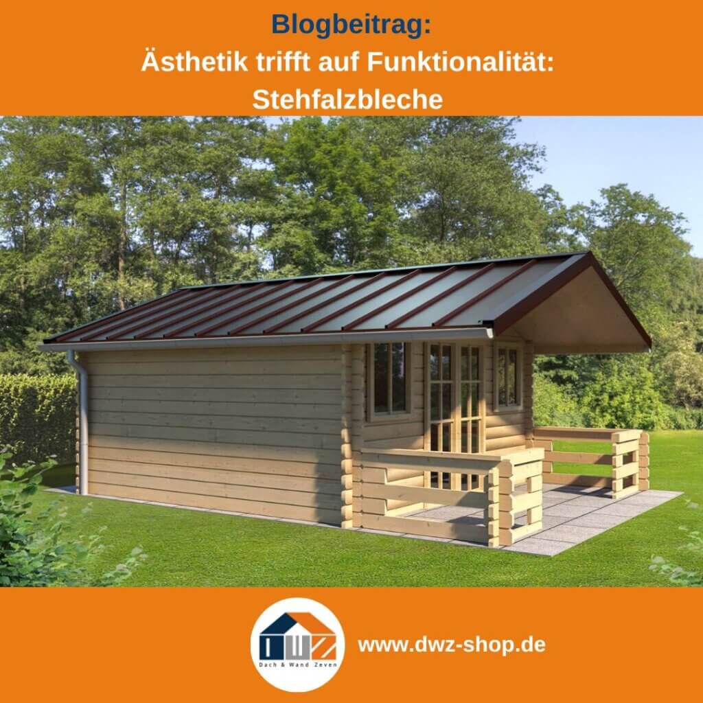 Titelgrafik eines Blogbeitrags mit dem Thema ‚Funktionalität von Stehfalzblechen‘ – gezeigt wird ein Gartenhaus mit dunklem Stehfalzblech, dazu das Logo und die Webadresse von DWZ-Shop.de.