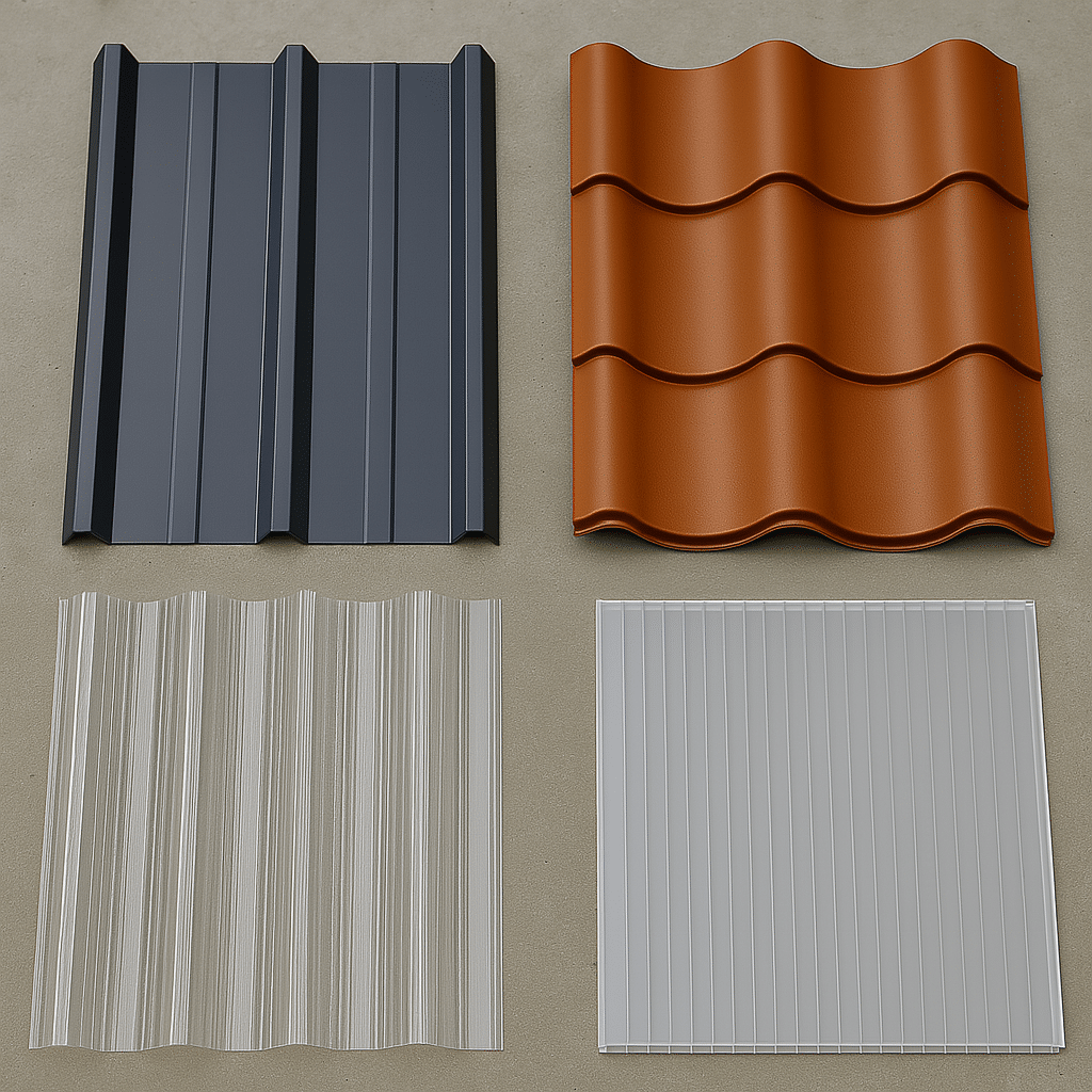 Vier Dachplattenmaterialien nebeneinander auf grauem Hintergrund: links Trapezblech (anthrazit), daneben Pfannenblech (ziegelrot), darunter klare Wellplatte aus Polycarbonat, daneben eine lichtdurchlässige Stegplatte.