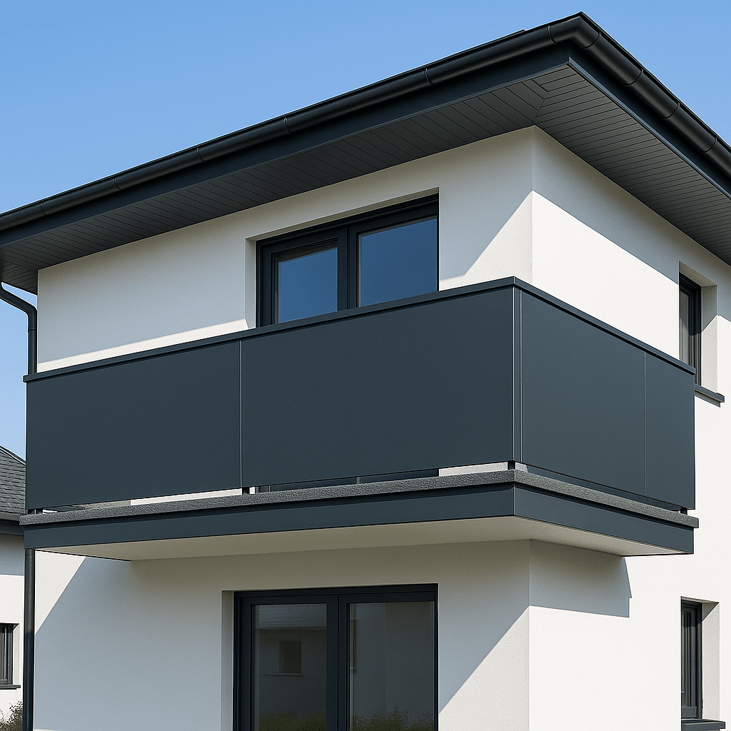 Moderner Balkon mit HPL-Platten in RAL 7016 als Brüstung an einem weißen Einfamilienhaus, bei blauem Himmel.
