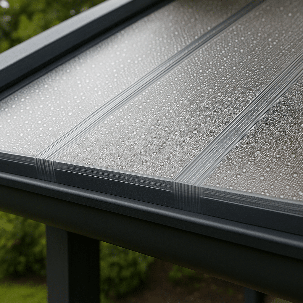 Detailaufnahme von Stegplatten mit sichtbarem Kondenswasser – realistische Tropfenbildung auf der Oberfläche, unterstützt von stabiler Alukonstruktion und natürlichem Hintergrund.